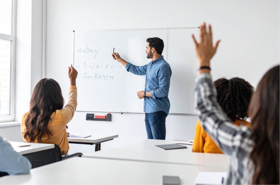 Insegnante coperto da assicurazione docenti tra i banchi di scuola