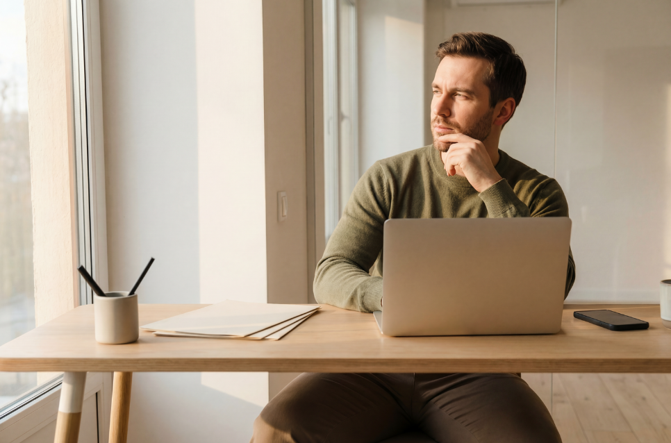 Risparmiatore al PC pensa a come investire i propri risparmi